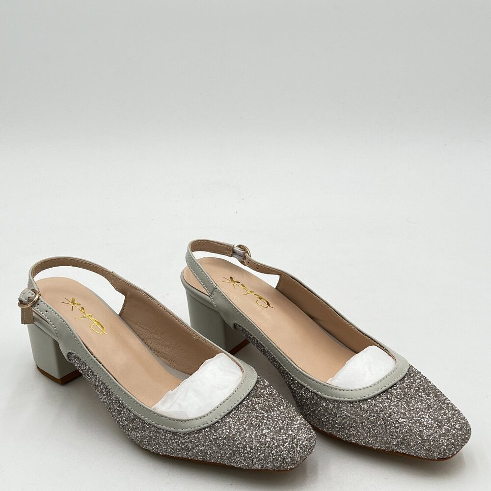 XYD Silver Glitter Block Heel Slingback Pumps